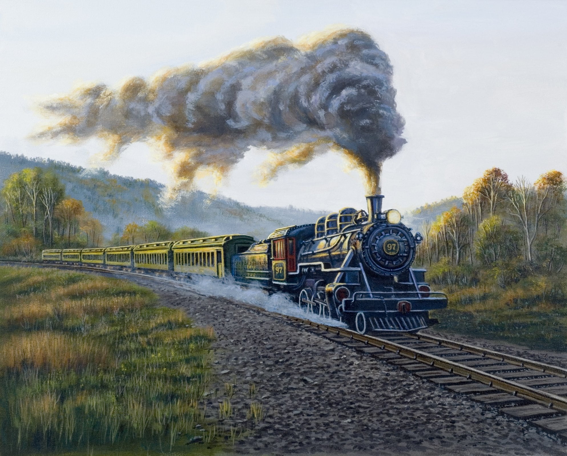 36" X 44" Panel Essex No. 97 Train Locomotive Train Engine Country Landscape David Textiles Multicolor Cotton Fabric Panel (AL-4809-4C-1MULTI)