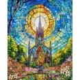 thumbnail image 1 of 36" X 44" Panel Faith in Full Color Stained Glass Look Church Flowers Steeple Henry Glass Cotton Fabric Panel (2188P-74), 1 of 1