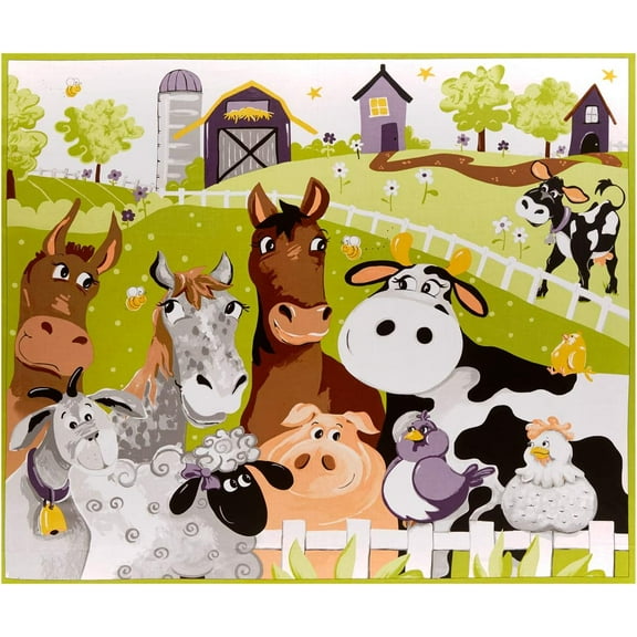 36" X 44" Panel Farm Animals Horses Cows Sheep Goats Pigs Chickens Kids Barnyard Buddies Multicolor Cotton Fabric Panel (SB20324-815)