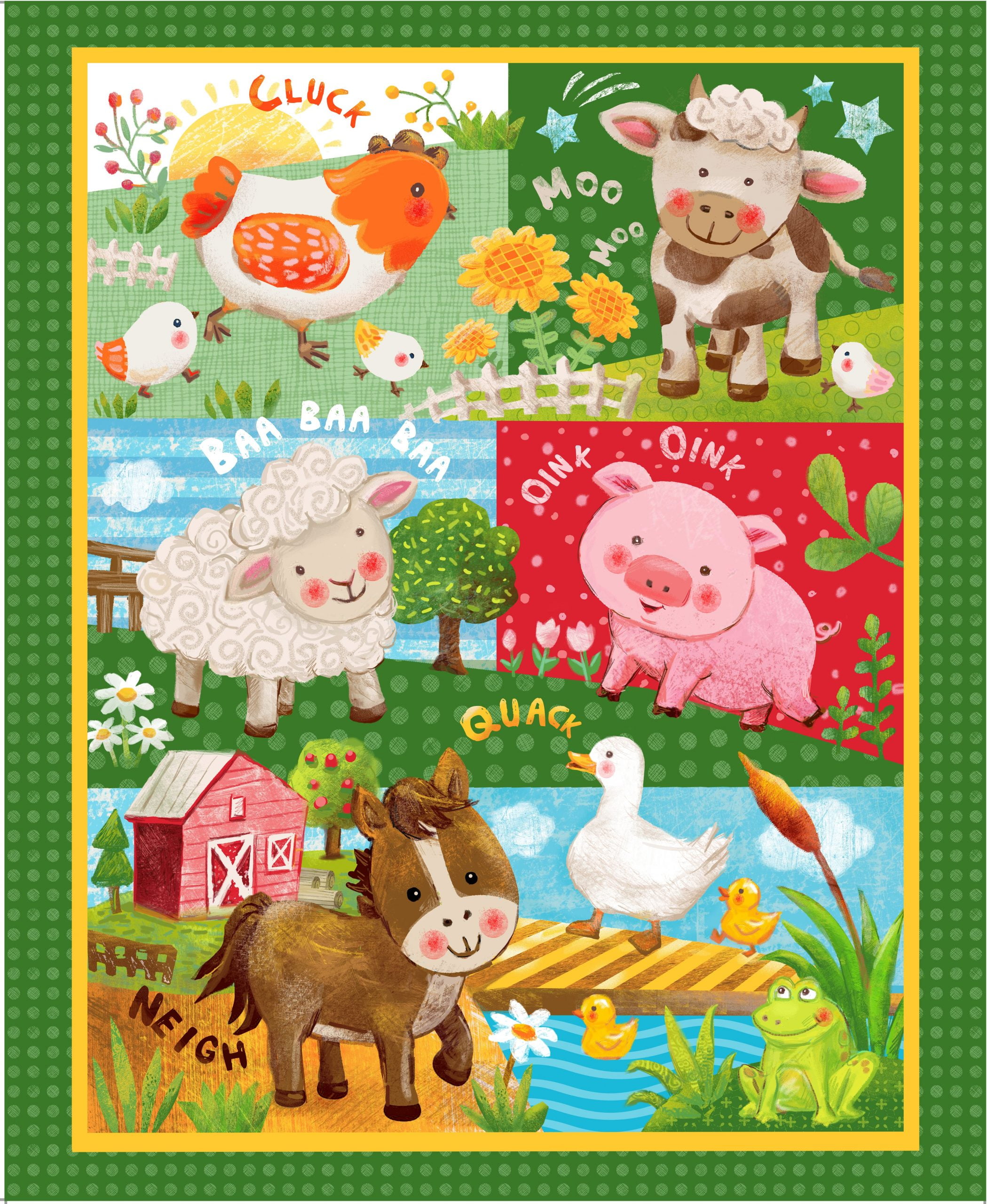 36" X 44" Panel Farm Animals Sounds Horse Sheep Pig Cow Chicken Baby Kids Children's Wee Ones Green Cotton Fabric Panel (OA575731)