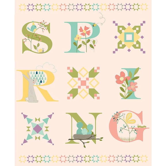 36" X 44" Panel Hello Spring Flowers Bees Birds Nest Blush Riley Blake Cotton Fabric Panel (P12967)