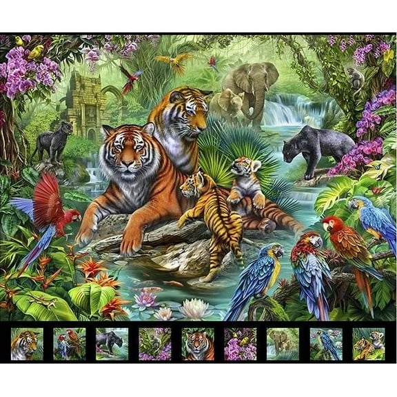 36" X 44" Panel Jungle Animal Block Panel Safari Animals Jungle Paradise Cotton Fabric Panel (2600-29908-J)