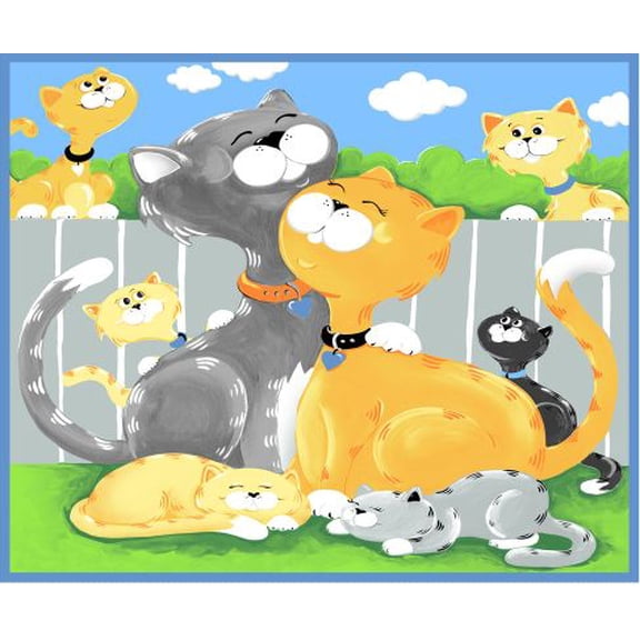36" X 44" Panel Kitty the Cat Susybee Cats Kittens Fence Clouds Kids Clothworks Cotton Fabric Panel (SB20394-725)