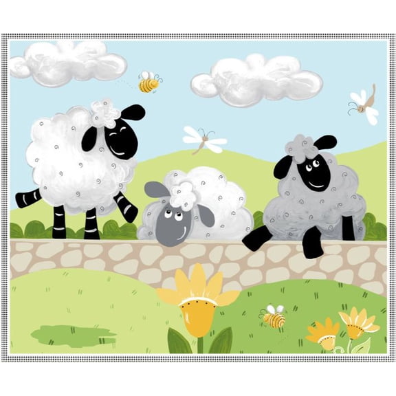 36" X 44" Panel Lewe the Ewe Suzybee Play Mat Sheep Lambs Fence Grass Clothworks Cotton Fabric Panel (SB20437-810)