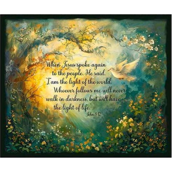 36" X 44" Panel Light of the World Dove Light Scenic Watercolor Look Bible Verse Dogwood Floral Faith Quilting Treasures Cotton Fabric Panel (2600-31245-X)