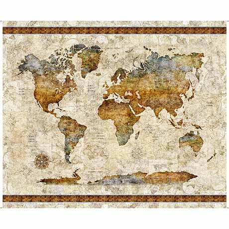 36" X 44" Panel Maps Travel Cartography Geography Globetrotter Map Panel Tan Cotton Fabric Panel (2600-30527-E)
