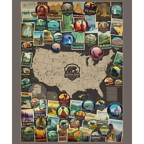 36" X 44" Panel National Parks Nature USA Map Stickers Badges Symbols Emblems Travel Multicolor Cotton Fabric Panel (PD15090-PANEL)