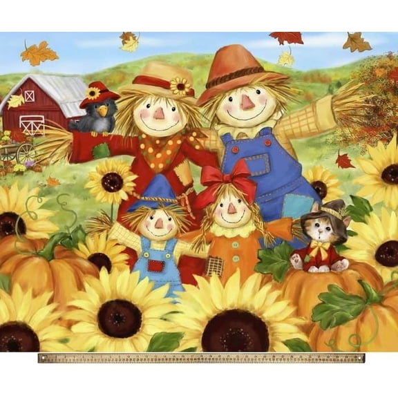 36" X 44" Panel Scarecrow Family Scarecrows Autumn Fall Leaves Pumpkins Sunflowers Barn Farm Cotton Fabric Panel (AL-5714-2C)