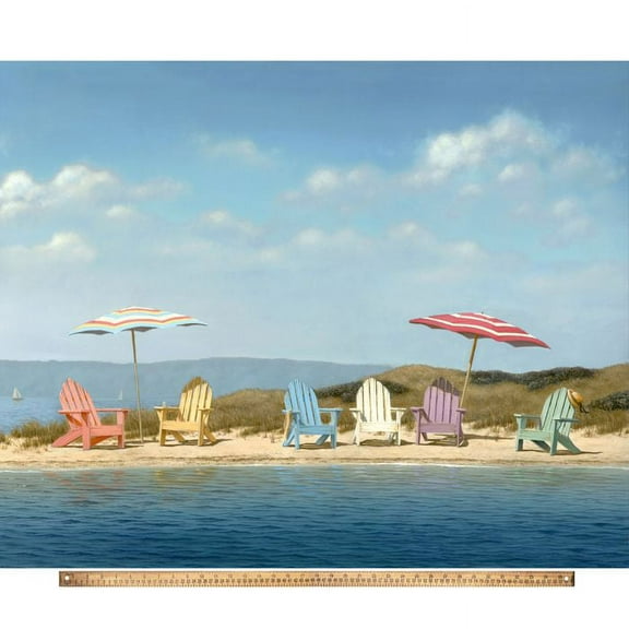 36" X 44" Panel Summer Colors Panel Vacation Beach Chairs Beach Umbrellas Summertime Blue Cotton Fabric Panel (WW-3282-2C)