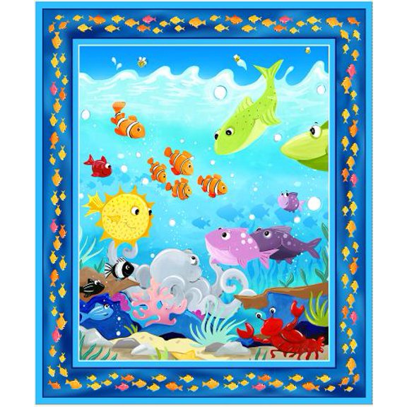 36" X 44" Panel Under the Sea Susybee Octopus Fish Ocean Lobster Kids Clothworks Cotton Fabric Panel (SB20418-999)