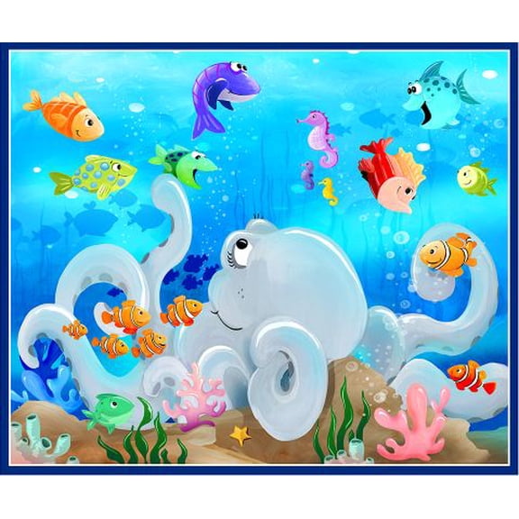 36" X 44" Panel Under the Sea Susybee Octopus Fish Ocean Water Kids Clothworks Cotton Fabric Panel (SB20421-999)
