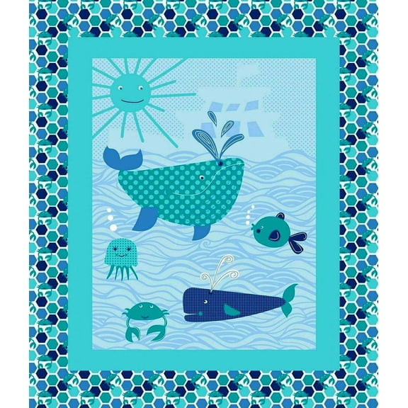 36" X 44" Panel Whales Jellyfish Crabs Ocean Life Animals Nautical Sea the Sea Panel Blue Cotton Fabric Panel (58766-1600715)