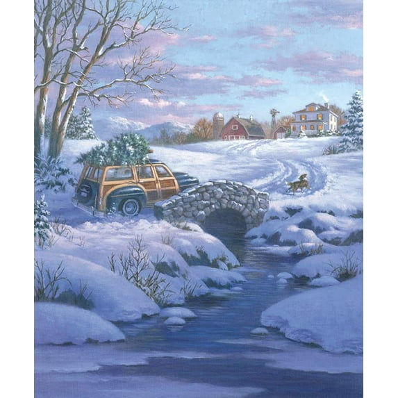 36" X 44" Panel Winter Snow Fun Old Antique Car A Classic Christmas Blue Cotton Fabric Panel (P9543)