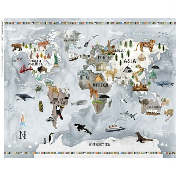 36" X 44" Panel World Map Continents Animals Culture Michael Miller Fabrics Cotton Fabric Panel (DDC10603-MULTI-D)