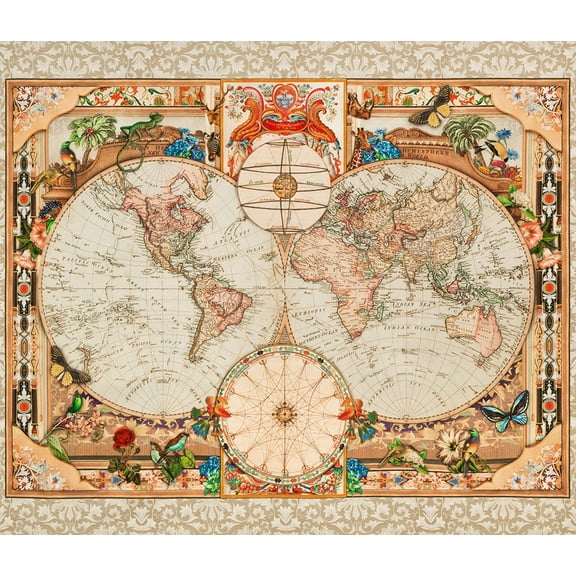 36" X 44" Panel World Maps Globe Countries Travel Vintage-Look Library of Rarities Antique Cotton Fabric Panel (ANPD-21873-199ANTIQUE)