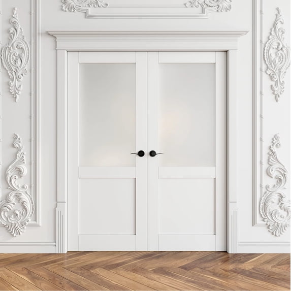 36" X 80" Interior Frosted Glass Paneled French Doors Solid Double Doors With Hardware Kit / Handles