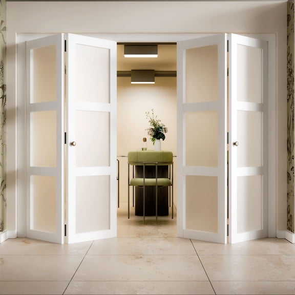 36" X 80" White Double 3-Lite Bi-Fold Frosted Glass Doors With Installation Hardware Kit