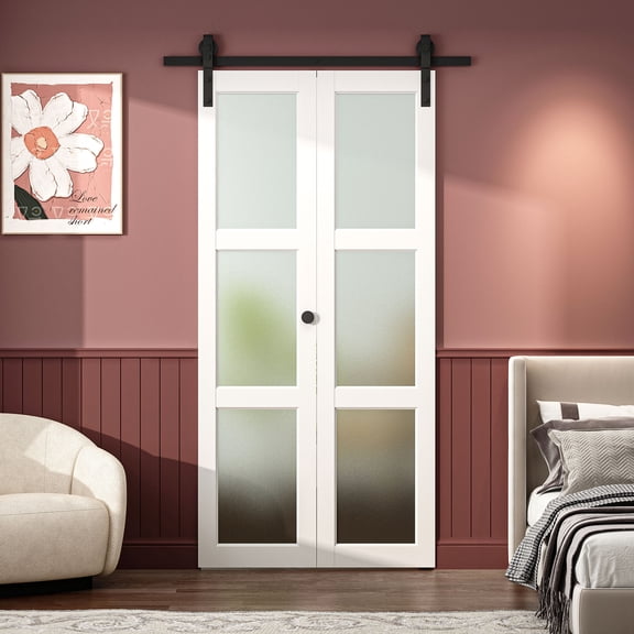 36" X 84"Bi-Fold Sliding Barn Door, 3-Lite Tempered Frosted Glass Closet Door, 3.3 FT Sliding Door Hardware Kit, Pre-Drilled for Easy Assembly, Waterproof PVC Surface, Solid Wood, White