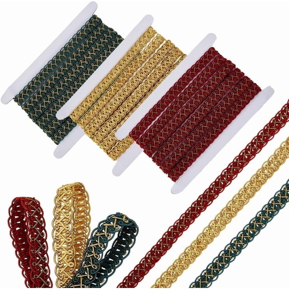 36 Yards 3 Roll Gimp Braid Trim 5/8" Gold Green Red Decorative Trim Ribbon Versatile Rope Polyester Woven Cord for DIY Sewing Upholstery Curtains Home Decor DIY Crafts Dress Costume