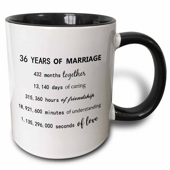3drose, 36 Years of Marriage 36th Wedding Anniversary in Months Days Hours, 11oz Two-tone Black Mug