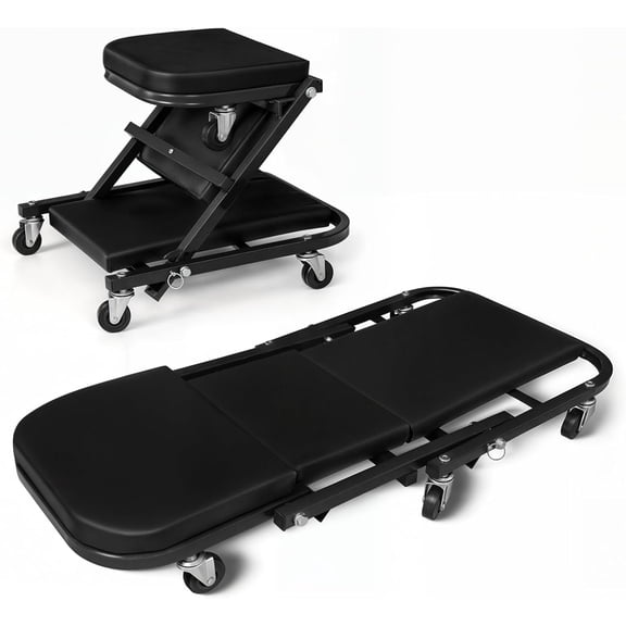 36" Z-Creeper Seat Foldable Under  Creeper, 330 lbs Capacity -in- Adjustable Roller Garage Chair Lay Down or Sit, 6 Wheels (Black)