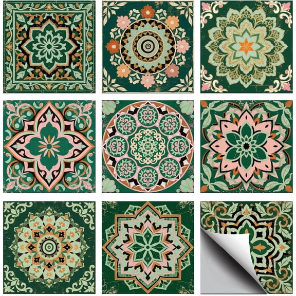 36 count 9 Style Tile Stickers Green Moroccan Peel and Stick Wall Tile Stickers 4x4 Inch Geometric Texture  Self Adhesive Stick  Tiles  for Kitchen Bathroom Wall Art Decor