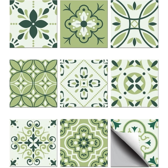 36 count 9 Styles Arab White Green Tile Stickers Tile Stickers Square with Flower for Kitchen Bathroom Bedroom Wall Floor Decoration, Dark Sea Green, 3.9x3.9inch