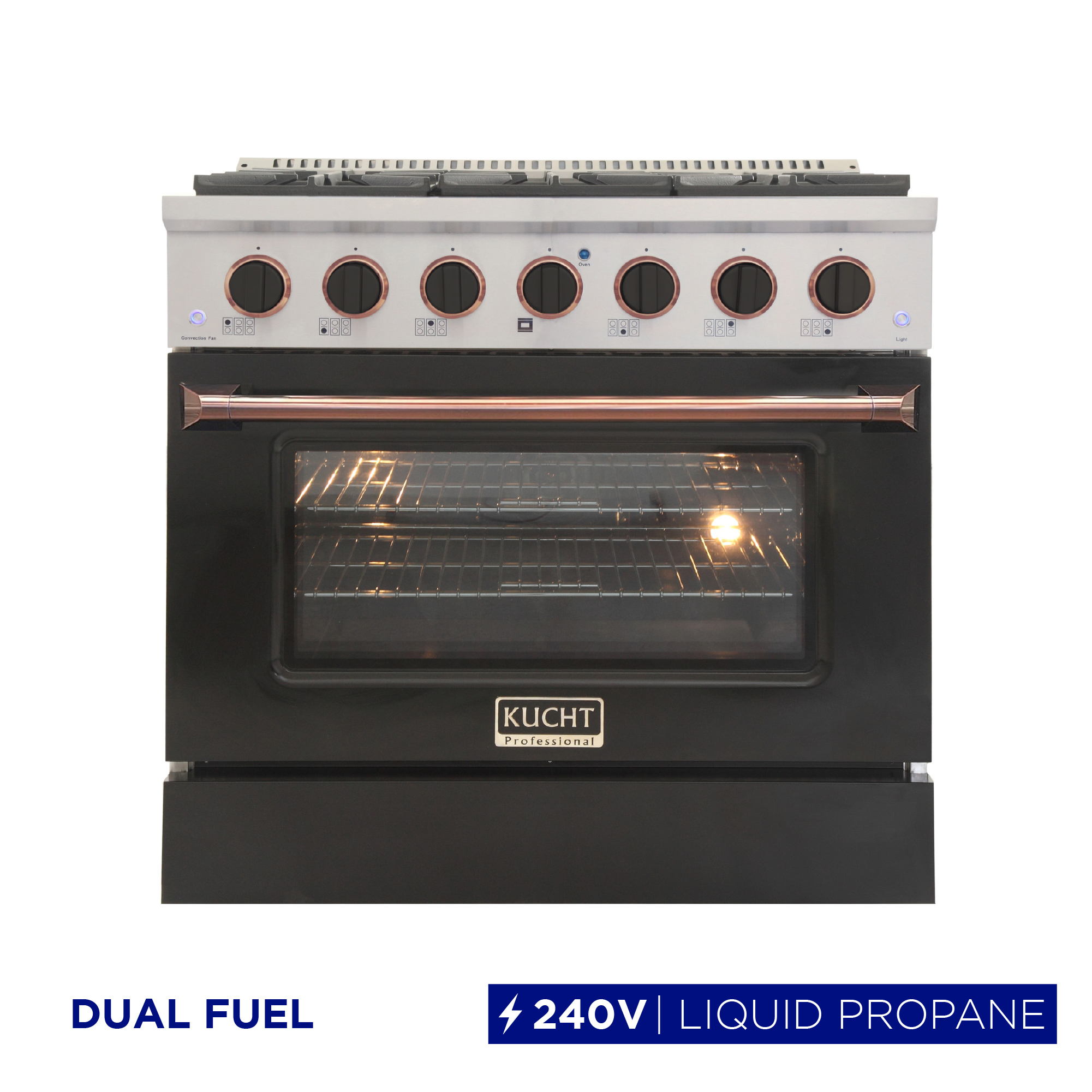 36 in. 5.2 cu. Dual Fuel Range for Natural Gas in Rose Gold Handle & Knob Rings.
