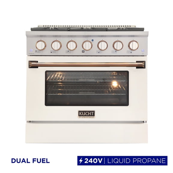 36 in. 5.2 cu. Dual Fuel Range for Propane Gas in Rose Gold Handle & Ring Knobs.