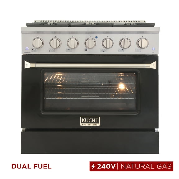 36 in. 5.2 cu. ft Dual Fuel Range for Natural Gas Sealed Burners in Black.