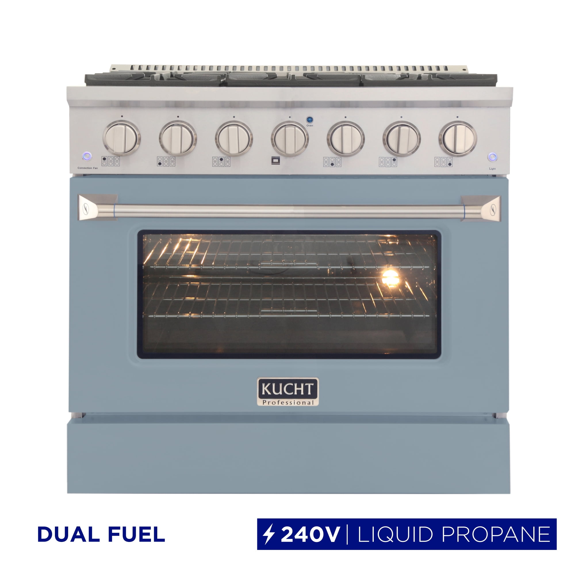 36 in. 5.2 cu. ft Dual Fuel Range for Propane Gas Sealed Burners in Light Blue.