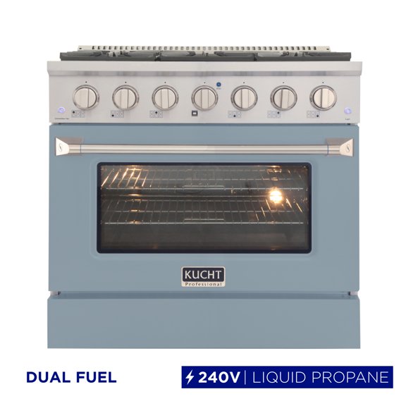 36 in. 5.2 cu. ft Dual Fuel Range for Propane Gas Sealed Burners in Light Blue.