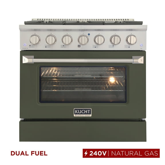 36 in. 5.2 cu. ft Dual Fuel Range for Natural Gas Sealed Burners in Olive Green.