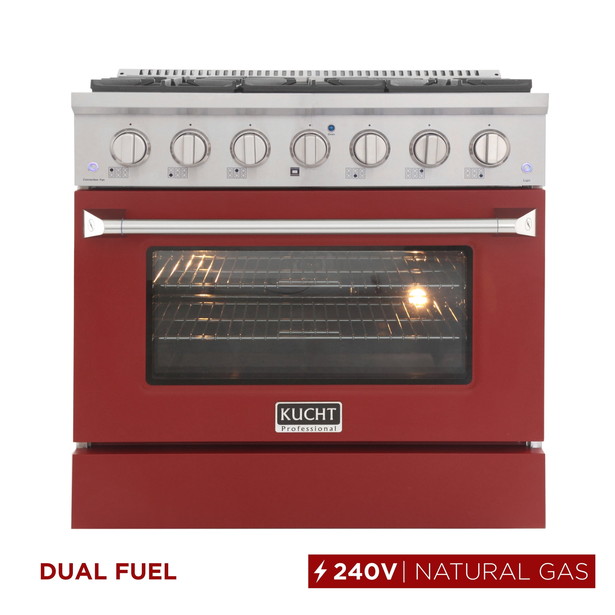 36 in. 5.2 cu. ft Dual Fuel Range for Natural Gas Sealed Burners in Red.