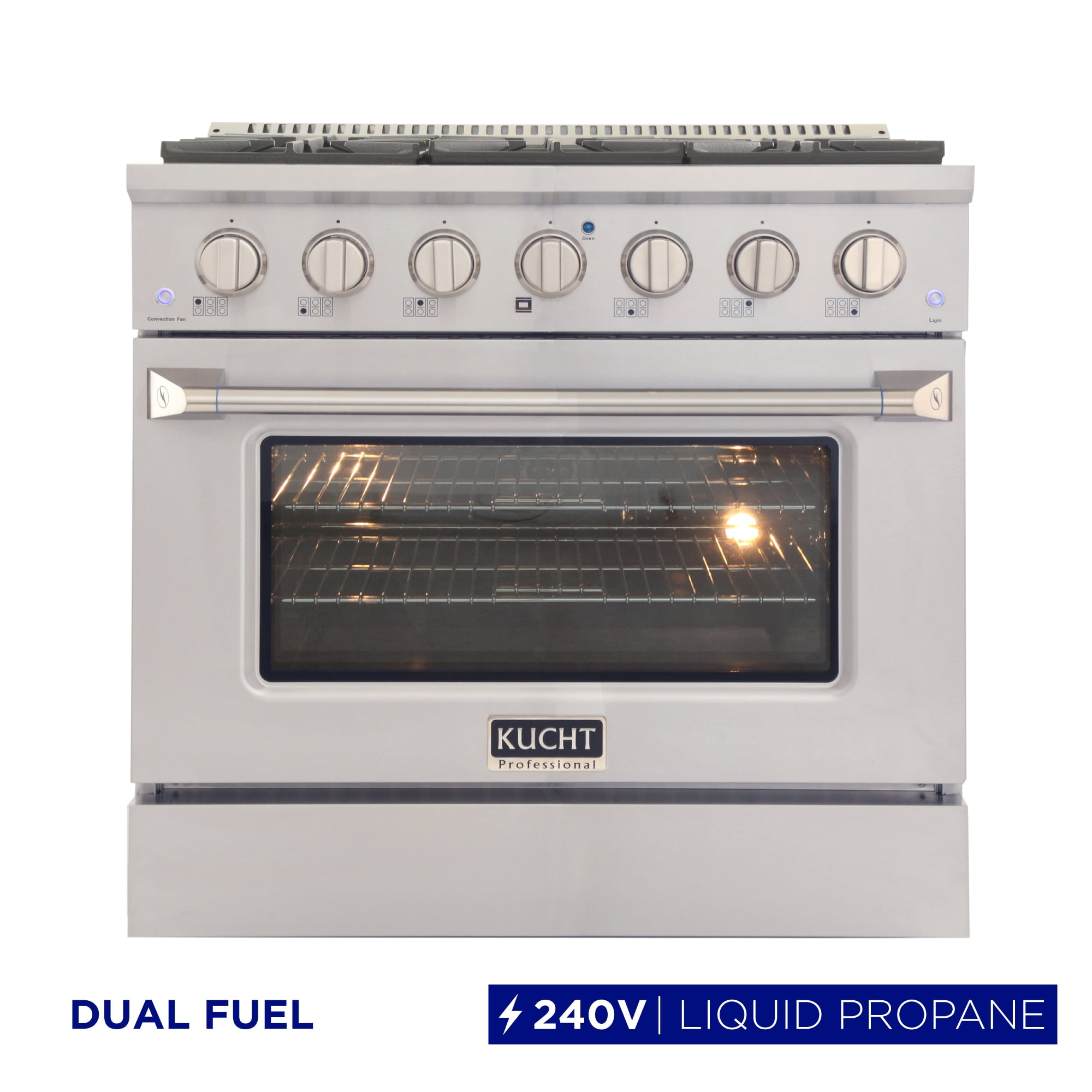 36 in. 5.2 cu. ft Dual Fuel Range for Propane Gas Sealed Burners in Silver.