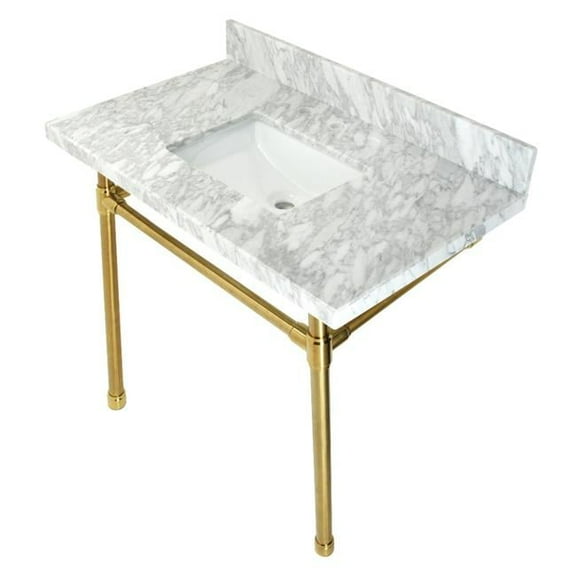36 in. Dreyfuss Carrara Marble Vanity Top with Stainless Steel Legs, Marble White & Brushed Brass