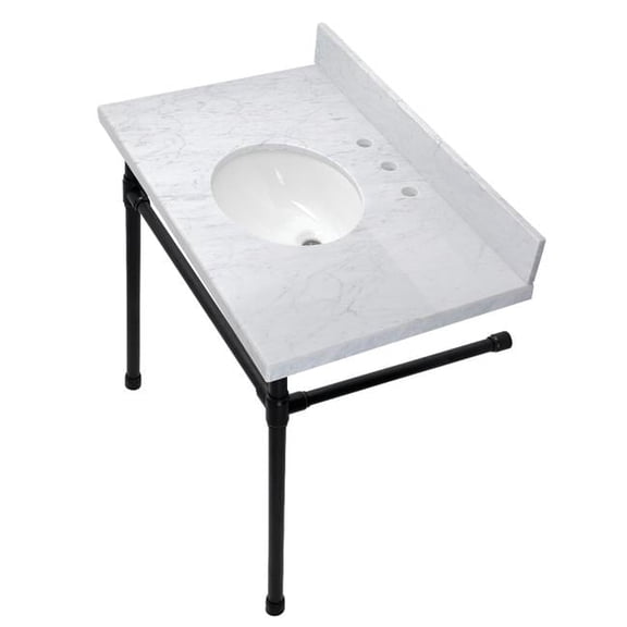 36 in. Dreyfuss Carrara Marble Vanity Top with Stainless Steel Legs, Marble White & Matte Black