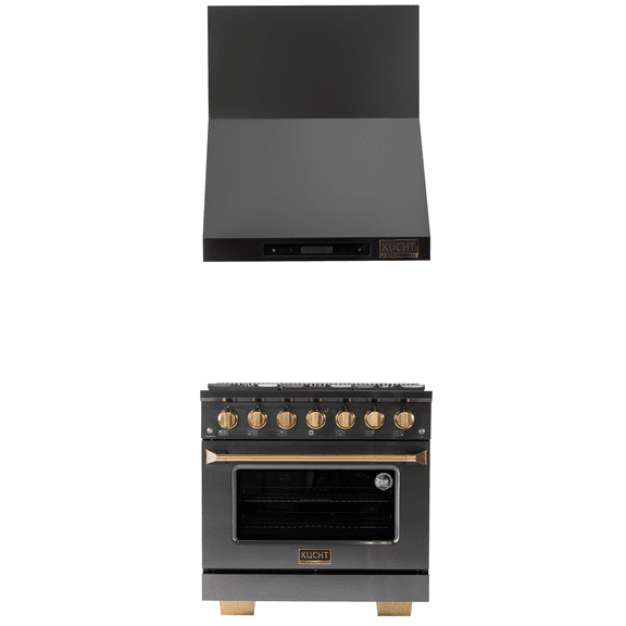 36 in. Dual Fuel Range for Natural Gas in Titanium SS + Wall Mount Range Hood