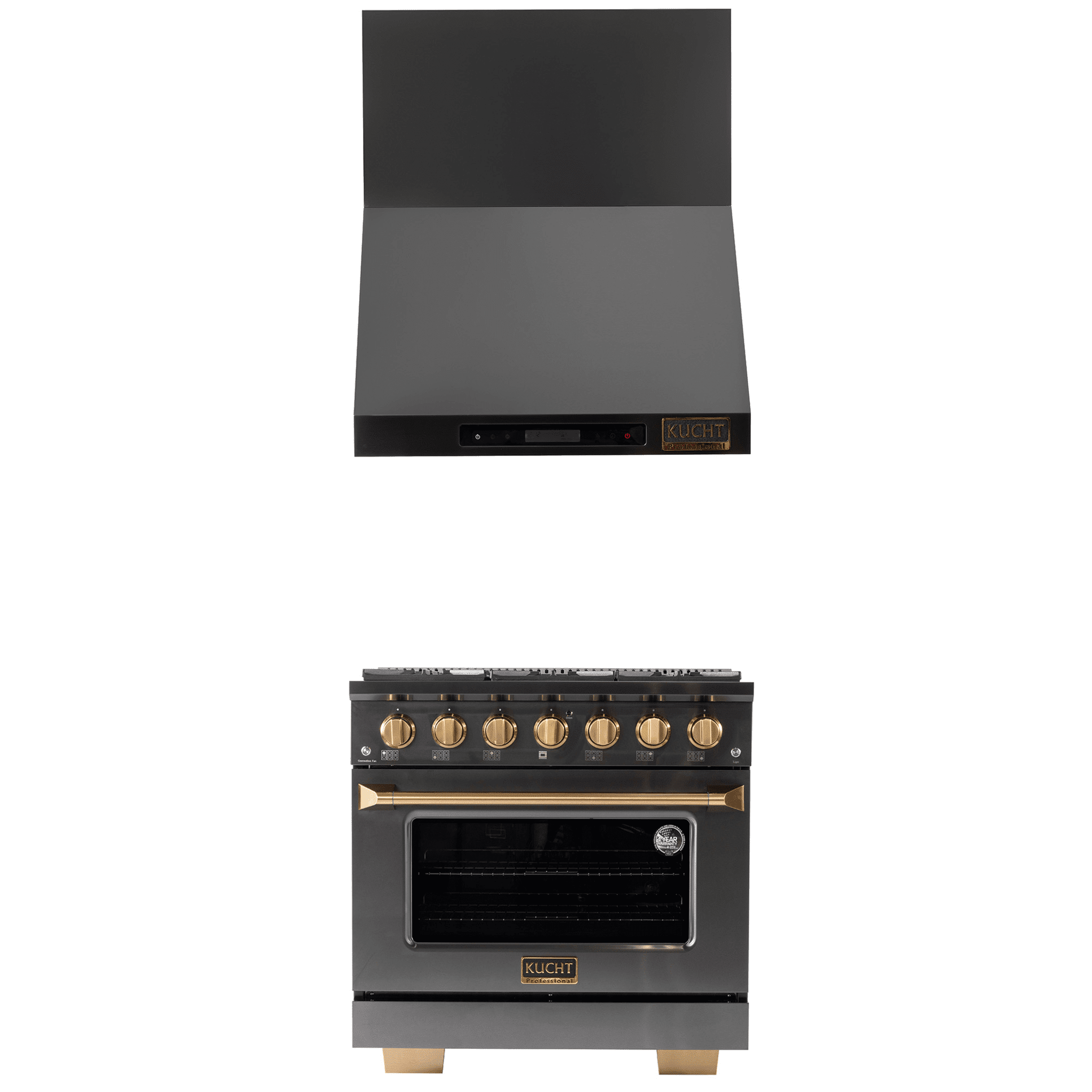 36 in. Dual Fuel Range for Propane Gas in Titanium SS + Wall Mount Range Hood