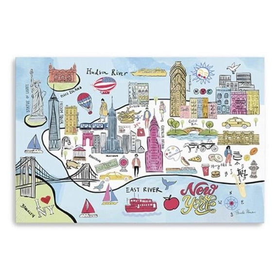 36 in. Fun Illustrated NYC Map Canvas Wall Art, Blue