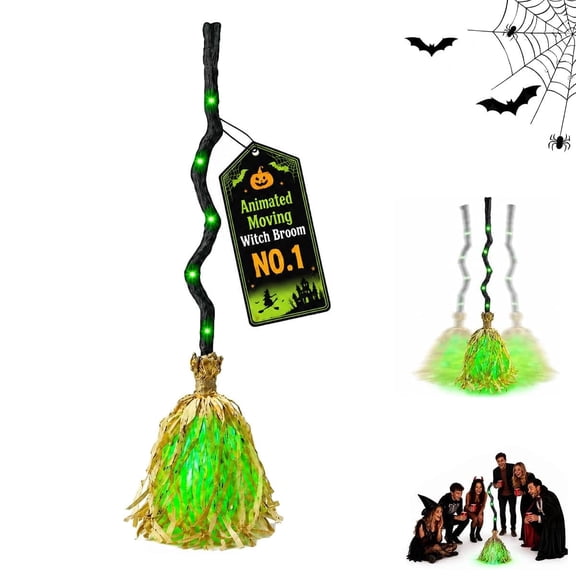 ARTLOX Halloween Motion Activated Witches Broom Decoration, 36 in Animated Moving Witch Broom, Light Sound Motion Floating Dancing Broomstick
