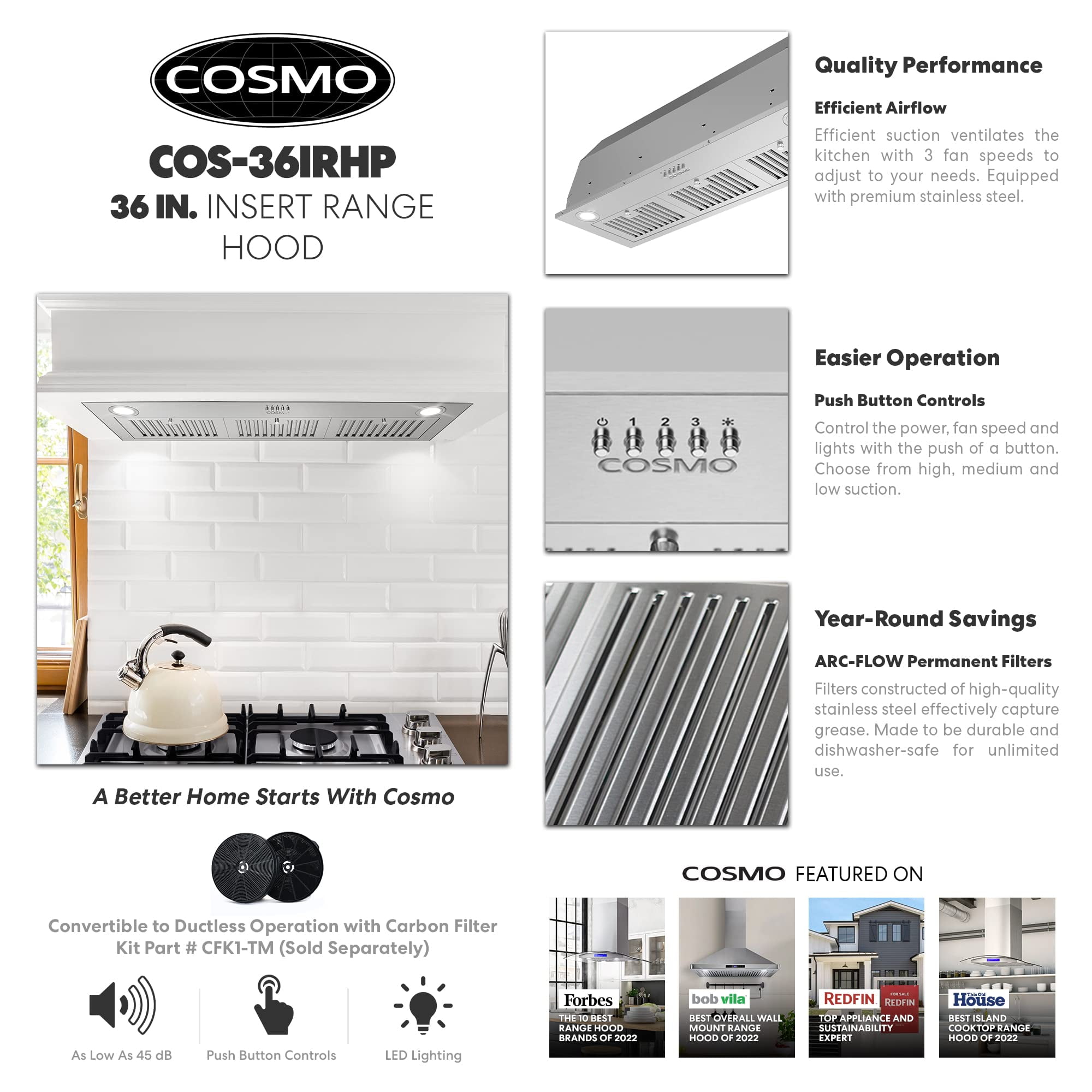 36-Inch Stainless Steel Convertible Insert Range Hood