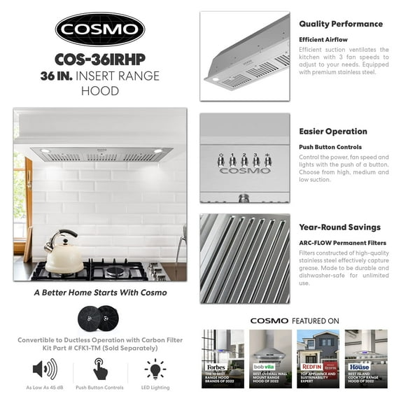Cosmo Lumin Collection 36 in. stainless steel ducted insert range hood with LED lights
