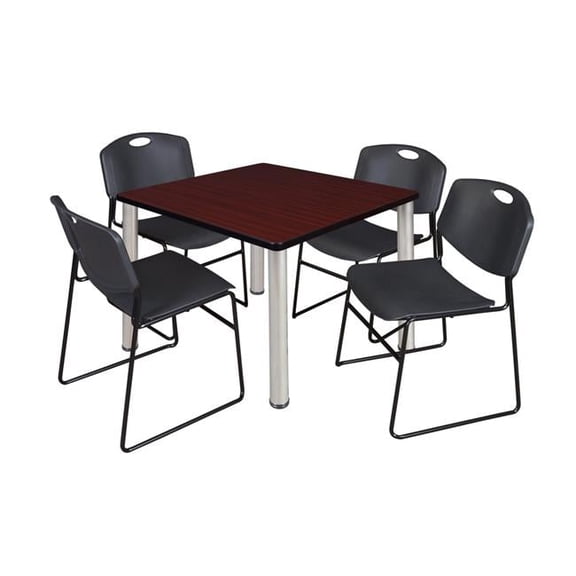36 in. Kee Square Breakroom Table, Mahogany & Chrome & 4 in. Zeng Stack Chairs - Black