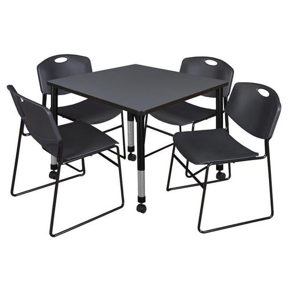 36 in. Kee Square Height Adjustable Mobile Classroom Table, Grey & 4 in. Zeng Stack Chairs - Black