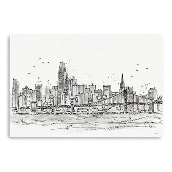 36 in. Monochrome City Skyline Sketch Canvas Wall Art, Black