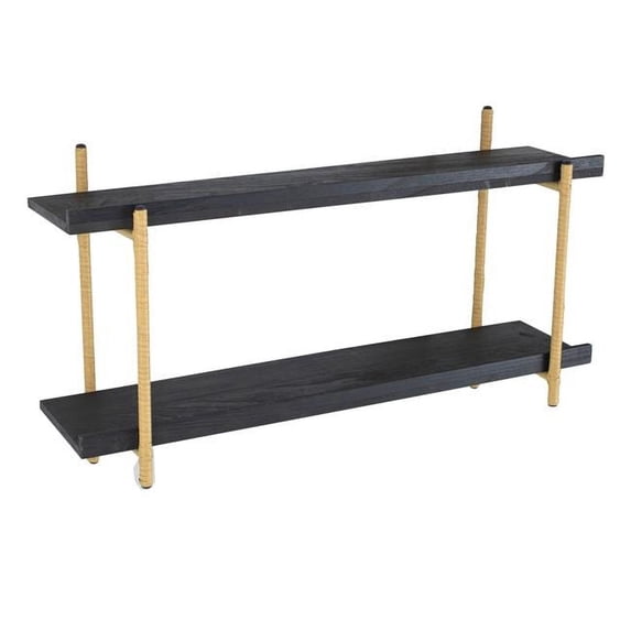 36 in. Rattan Braiding Modern Wood Two Tier Shelf, Black & Gold