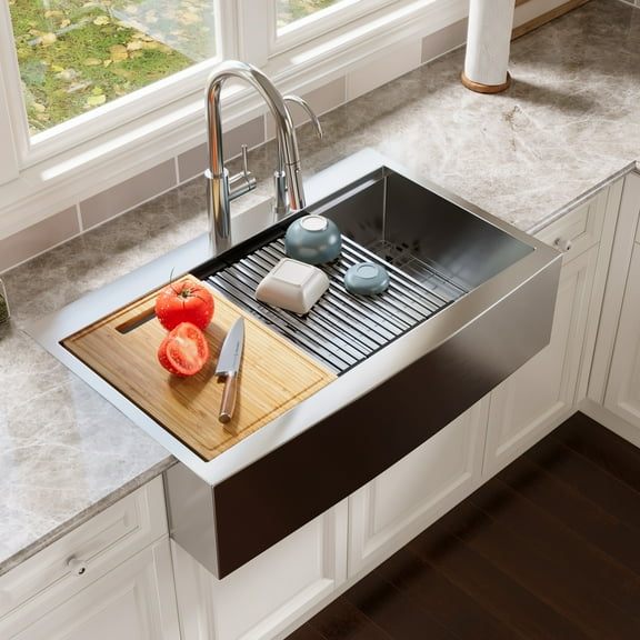 36 in. Rectangular Single Bowl Farmhouse Apron Workstation Kitchen Sink in Silver Grey Stainless Steel with Accessories