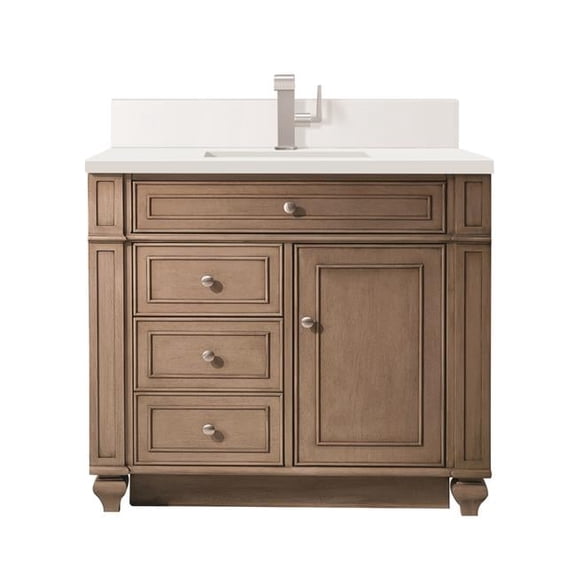 36 in. Single Vanity, Whitewashed Walnut with Single Hole 3 cm White Zeus Quartz Top & Backsplash