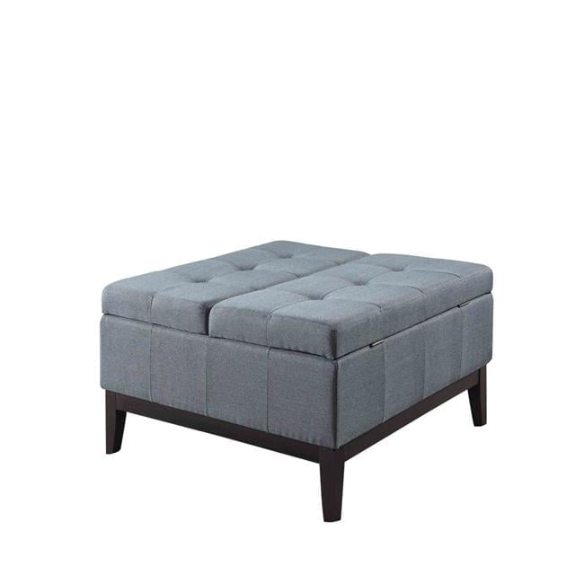 Slate Blue Linen & Black 36" Tufted Ottoman with Hidden Storage